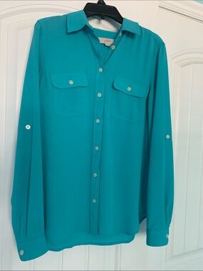 Ann Taylor Loft Utility Shirt XS extra small long sleeve aqua button down pocket